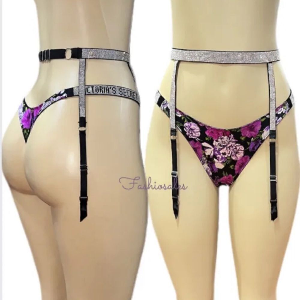 Victorias Secret Very Sexy Rhinestones Shine strap Bling garter belt black Small - Picture 9 of 9